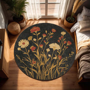 Round Wildflower Rug on Black Botanical Floral Circle Carpet, Vintage Boho Area Rug for Living Room Bedroom, Dark Charcoal Gold Daisy Carpet