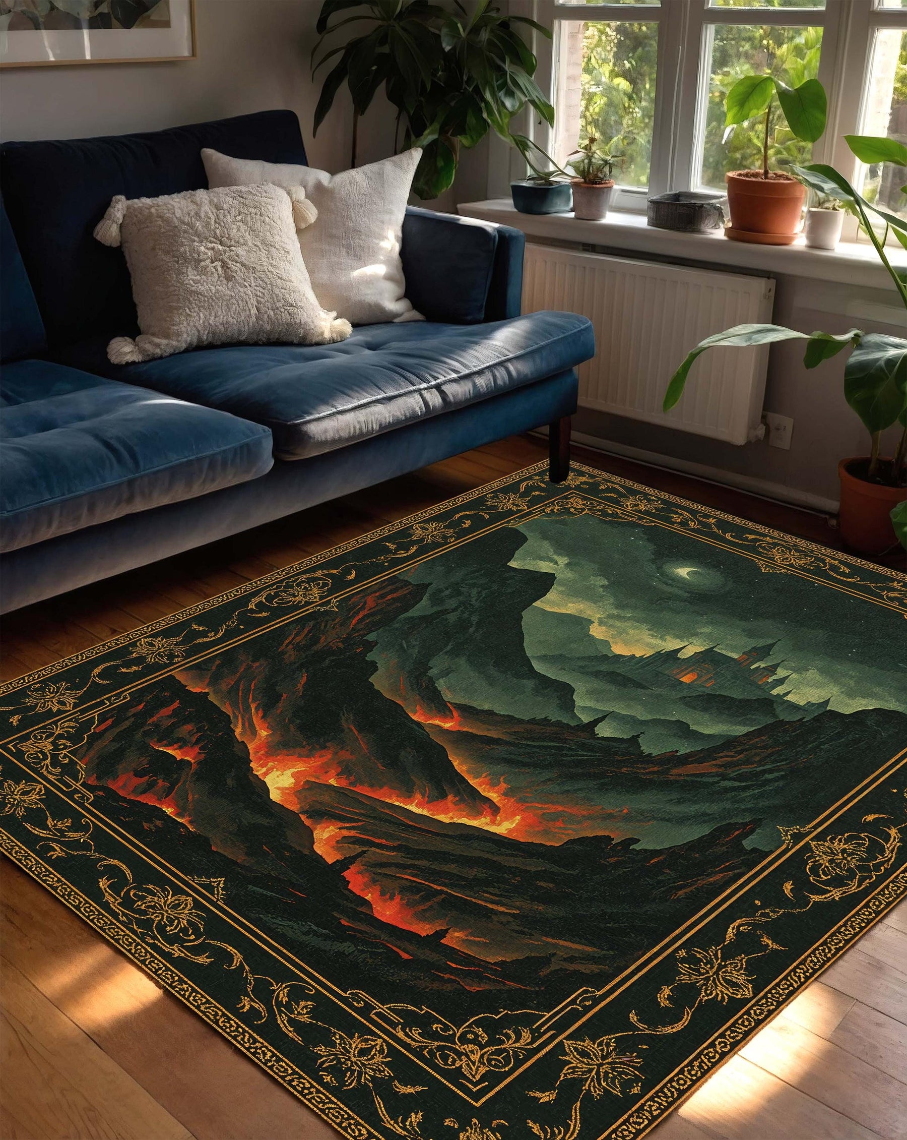 Fantasy Castle Lava Landscape Area Rug – Gothic Dark Academia Medieval Aesthetic Carpet for Living Room Bedroom, Vintage Baroque Border Art