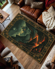 Fantasy Castle Lava Landscape Area Rug – Gothic Dark Academia Medieval Aesthetic Carpet for Living Room Bedroom, Vintage Baroque Border Art