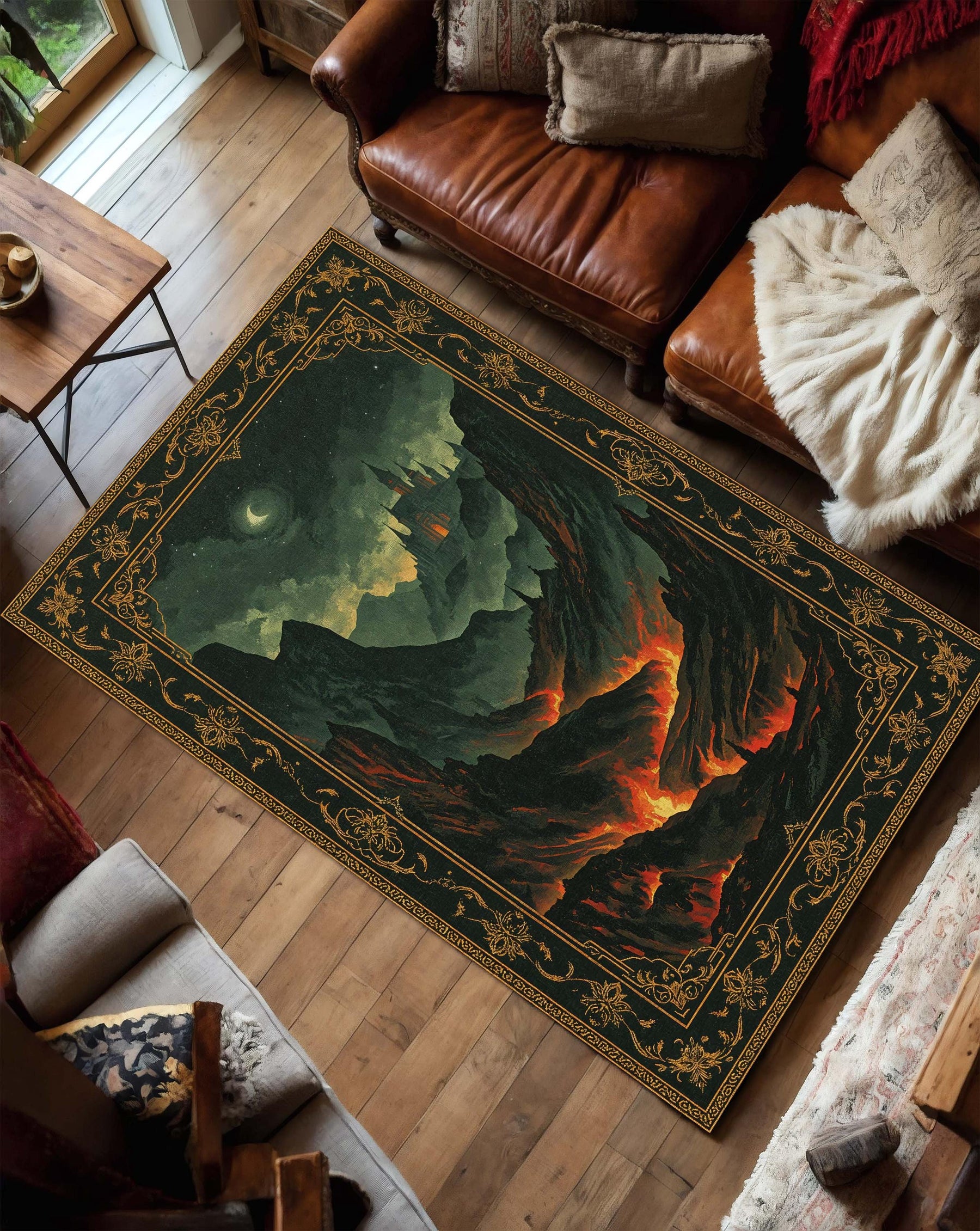 Fantasy Castle Lava Landscape Area Rug – Gothic Dark Academia Medieval Aesthetic Carpet for Living Room Bedroom, Vintage Baroque Border Art