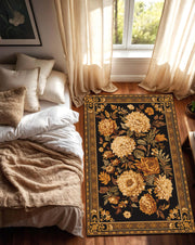 Vintage Floral Area Rug Black Gold – Baroque Border Chrysanthemum Peony Carpet, Washable Non Slip Oriental Style for Living Room Bedroom