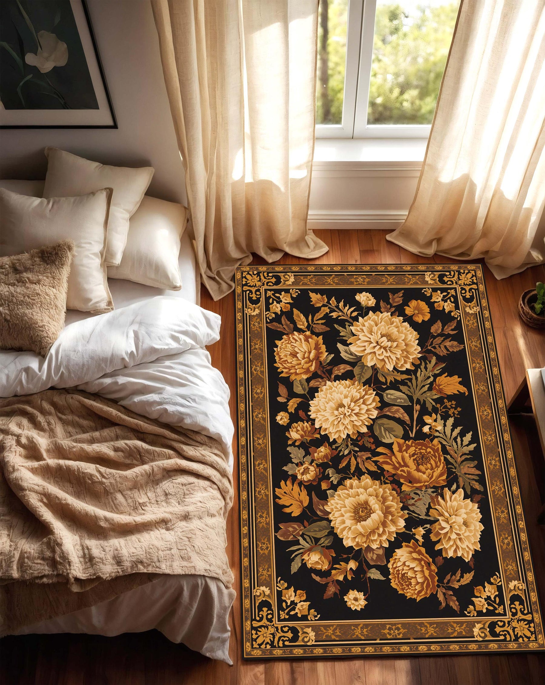 Vintage Floral Area Rug Black Gold – Baroque Border Chrysanthemum Peony Carpet, Washable Non Slip Oriental Style for Living Room Bedroom
