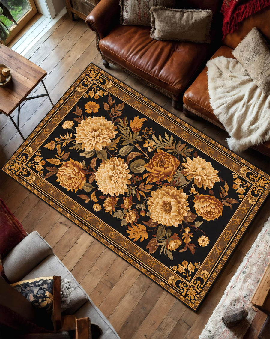 Vintage Floral Area Rug Black Gold – Baroque Border Chrysanthemum Peony Carpet, Washable Non Slip Oriental Style for Living Room Bedroom