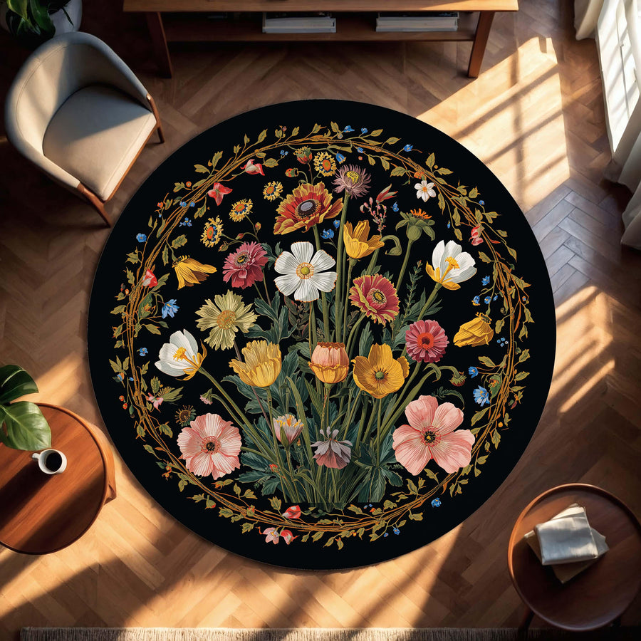 Round Black Floral Rug - Vintage Botanical Wildflower Carpet, Cottagecore Boho Area Decor for Living Room or Bedroom, Non-Slip Circle Mat