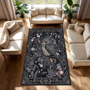 Vintage Owl Area Rug, Dark Botanical Gothic Carpet for Living Room Bedroom, Woodland Animal Floral Decor, Boho Dark Academia Aesthetic