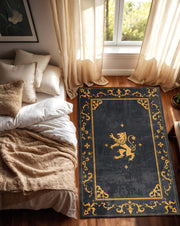 Medieval Lion Crest Area Rug in Black and Gold – Gothic Heraldry Design Carpet, Vintage Baroque Border, Regal Living Room Bedroom Decor