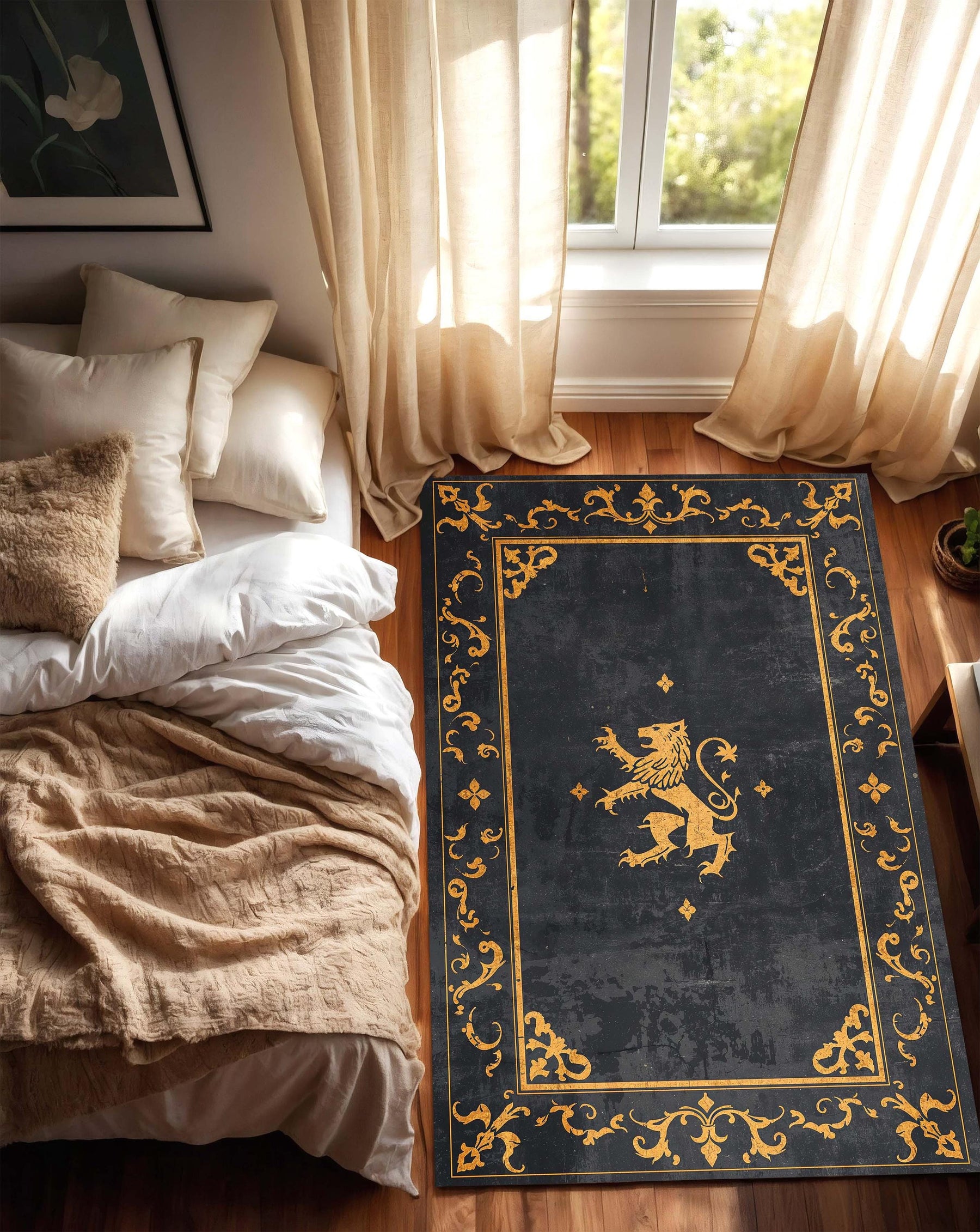 Medieval Lion Crest Area Rug in Black and Gold – Gothic Heraldry Design Carpet, Vintage Baroque Border, Regal Living Room Bedroom Decor
