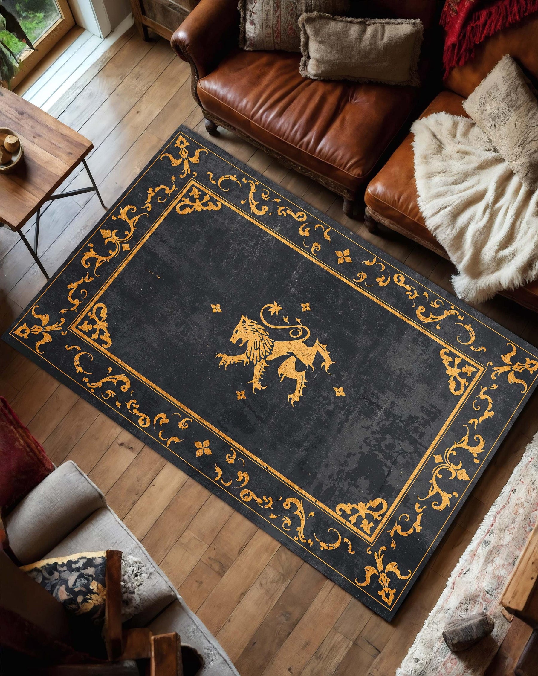 Medieval Lion Crest Area Rug in Black and Gold – Gothic Heraldry Design Carpet, Vintage Baroque Border, Regal Living Room Bedroom Decor
