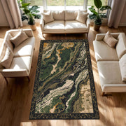 Green Marble Abstract Area Rug with Vintage Baroque Border, Modern Living Room Carpet, Earth Tone Mid Century Soft Washable Home Decor