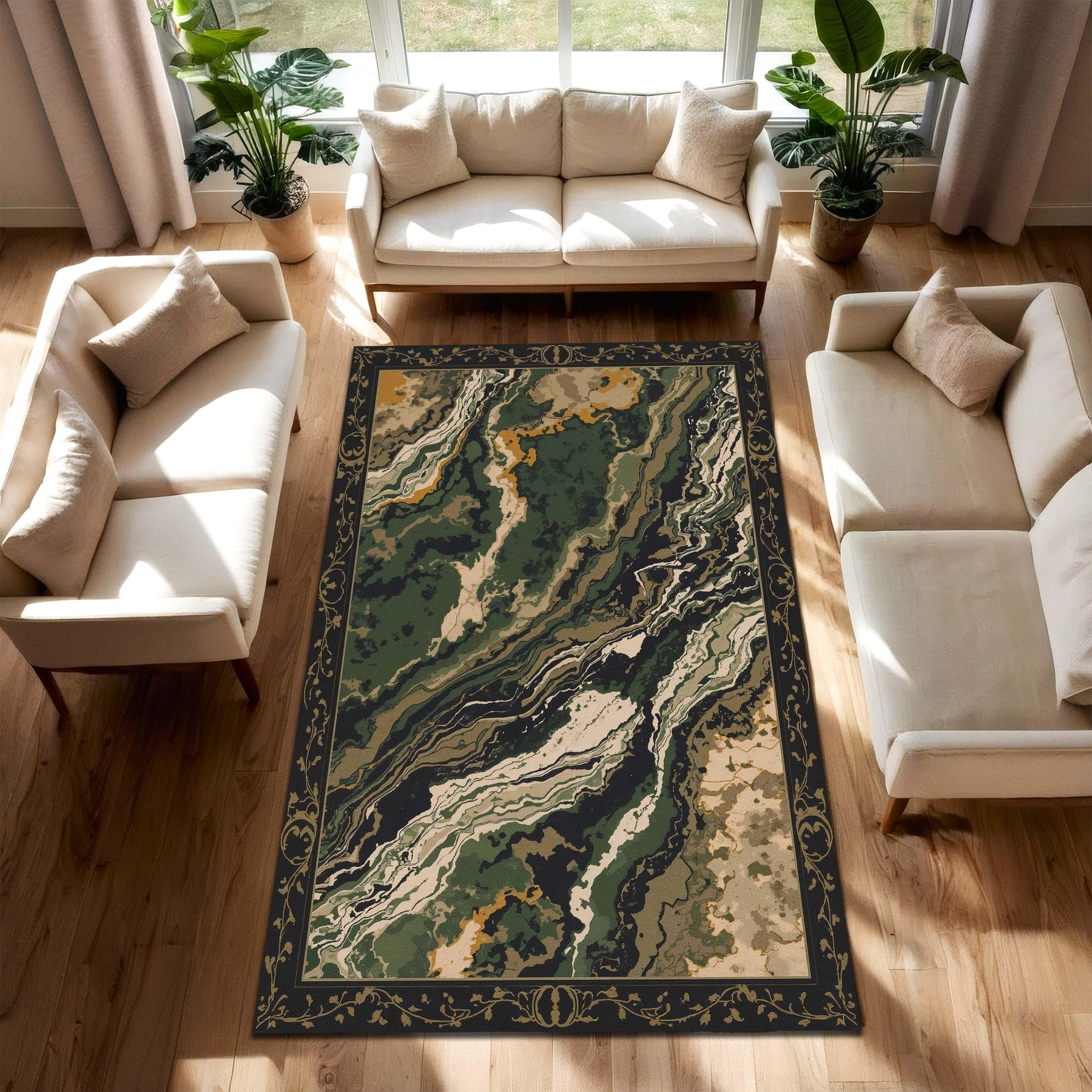 Green Marble Abstract Area Rug with Vintage Baroque Border, Modern Living Room Carpet, Earth Tone Mid Century Soft Washable Home Decor