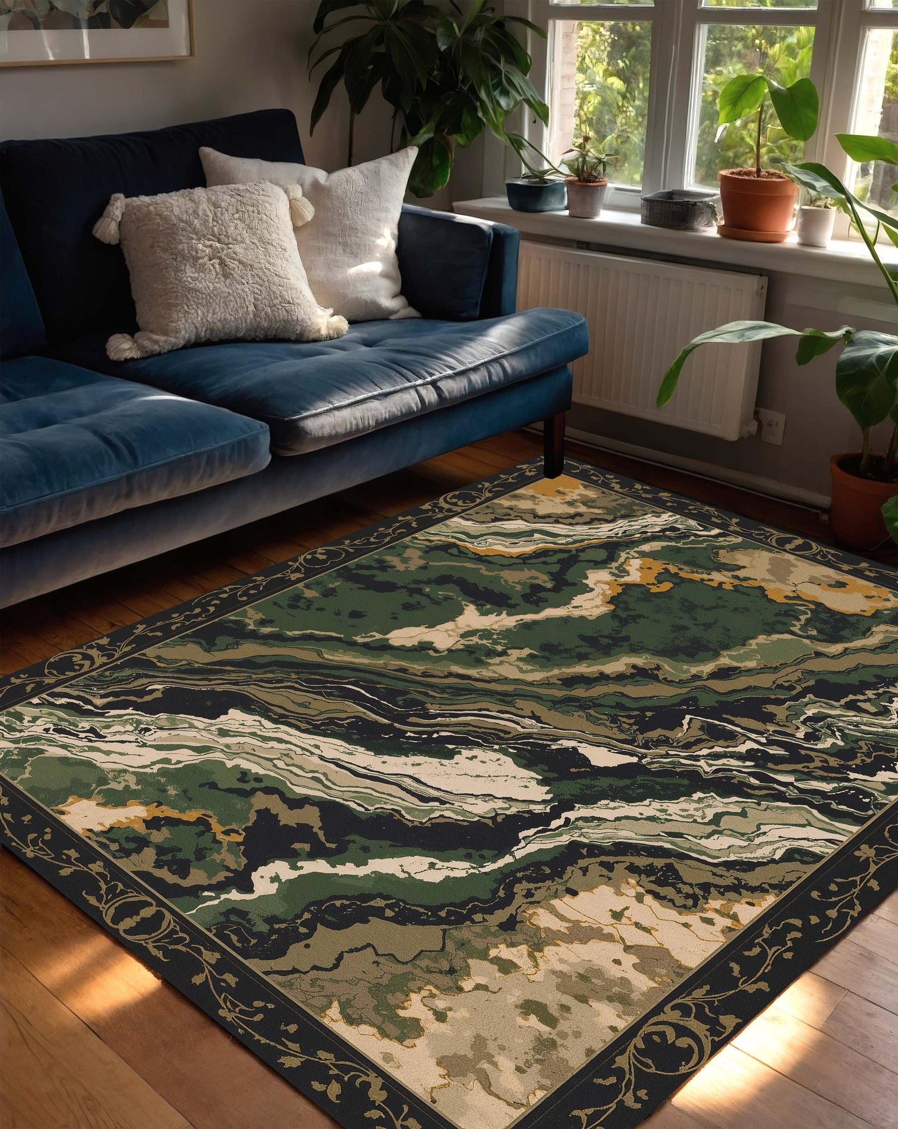 Green Marble Abstract Area Rug with Vintage Baroque Border, Modern Living Room Carpet, Earth Tone Mid Century Soft Washable Home Decor