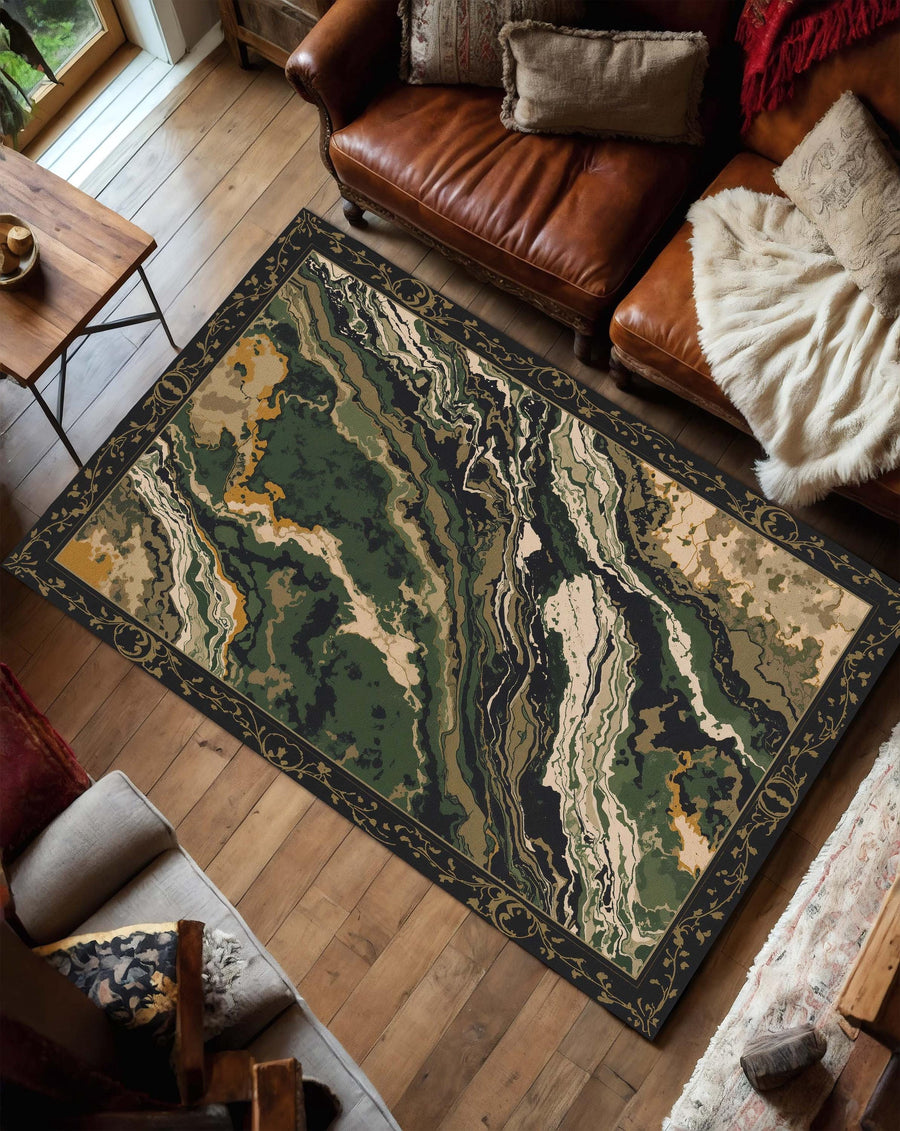 Green Marble Abstract Area Rug with Vintage Baroque Border, Modern Living Room Carpet, Earth Tone Mid Century Soft Washable Home Decor