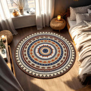 Round Boho Mandala Rug in Blue and Terracotta, Vintage Moroccan Turkish Pattern Circle Carpet, Non Slip Area Rug for Living Room Bedroom
