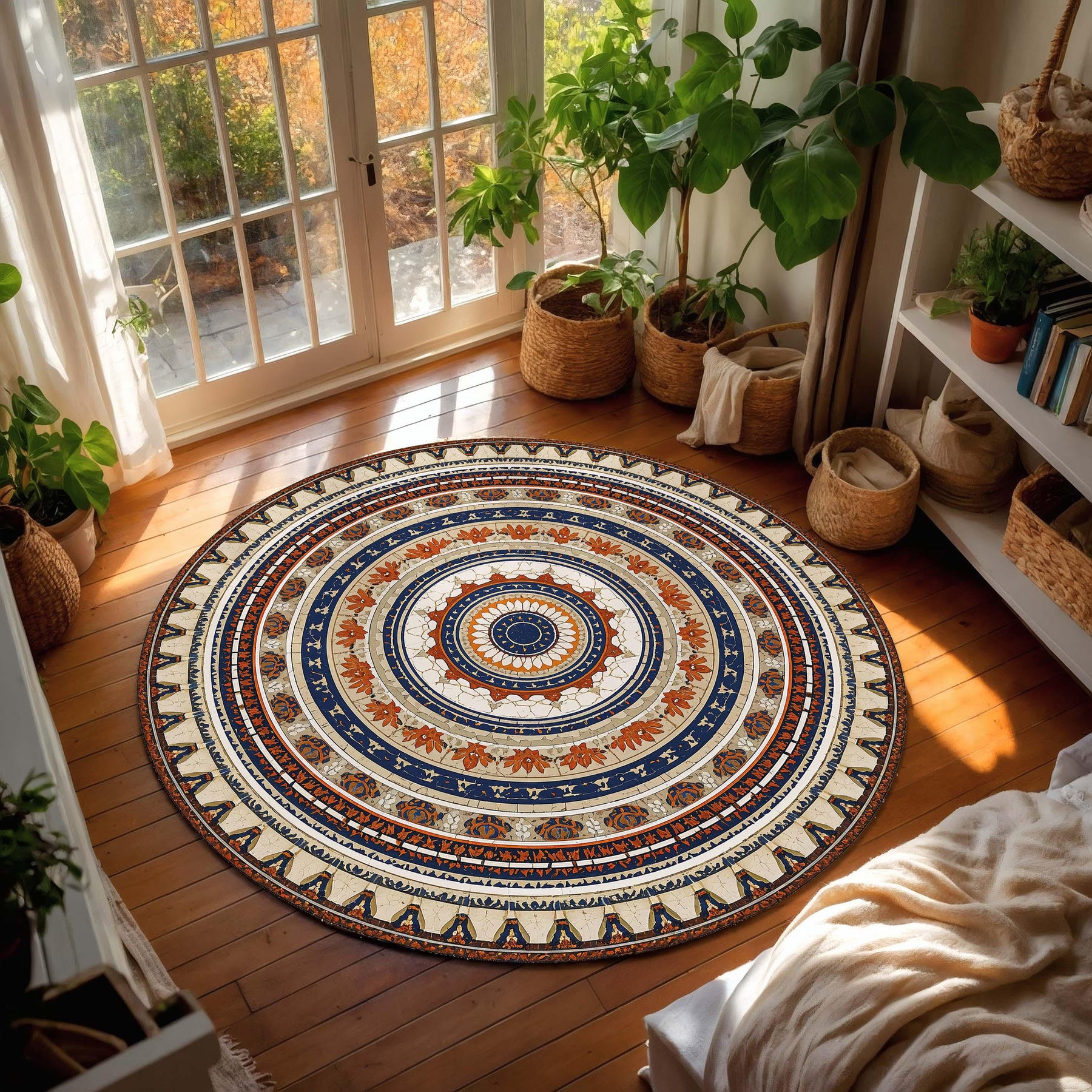 Round Boho Mandala Rug in Blue and Terracotta, Vintage Moroccan Turkish Pattern Circle Carpet, Non Slip Area Rug for Living Room Bedroom