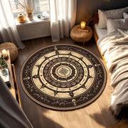 Round Boho Mandala Compass Rug, Black Beige Circle Carpet, Modern Neutral Medallion, Living Room Bedroom Entryway Decor, Non Slip Washable