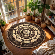 Round Boho Mandala Compass Rug, Black Beige Circle Carpet, Modern Neutral Medallion, Living Room Bedroom Entryway Decor, Non Slip Washable