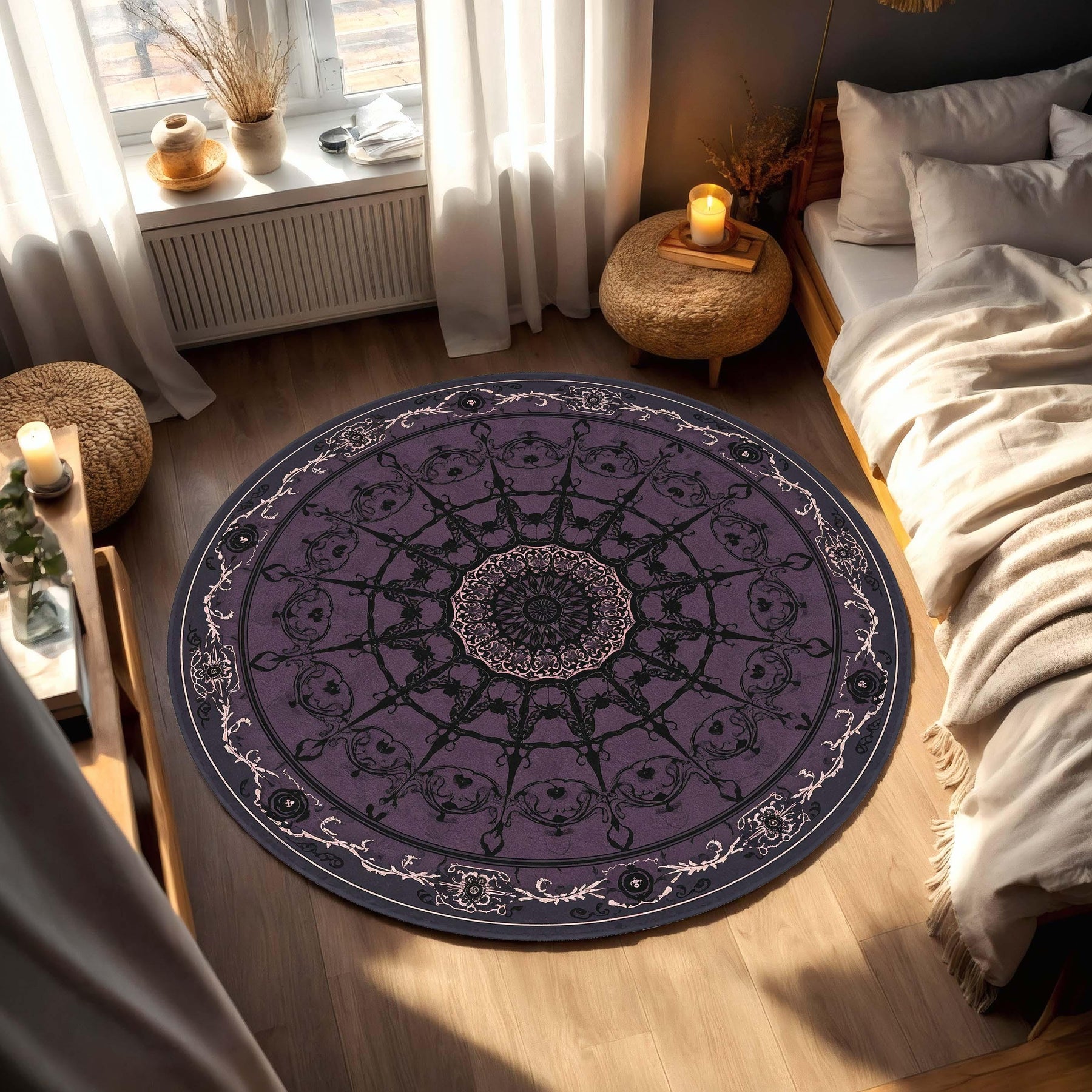 Purple Mandala Round Rug | Dark Plum Gothic Boho Medallion Carpet for Bedroom Living Room Entryway | Vintage Style Soft Easy Care Home Décor