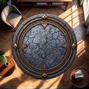 Round Stone Texture Rug with Antique Gold Accents, Medieval Fantasy Circle Carpet for Living Room, Bedroom, Gamer Decor, Rustic Chic