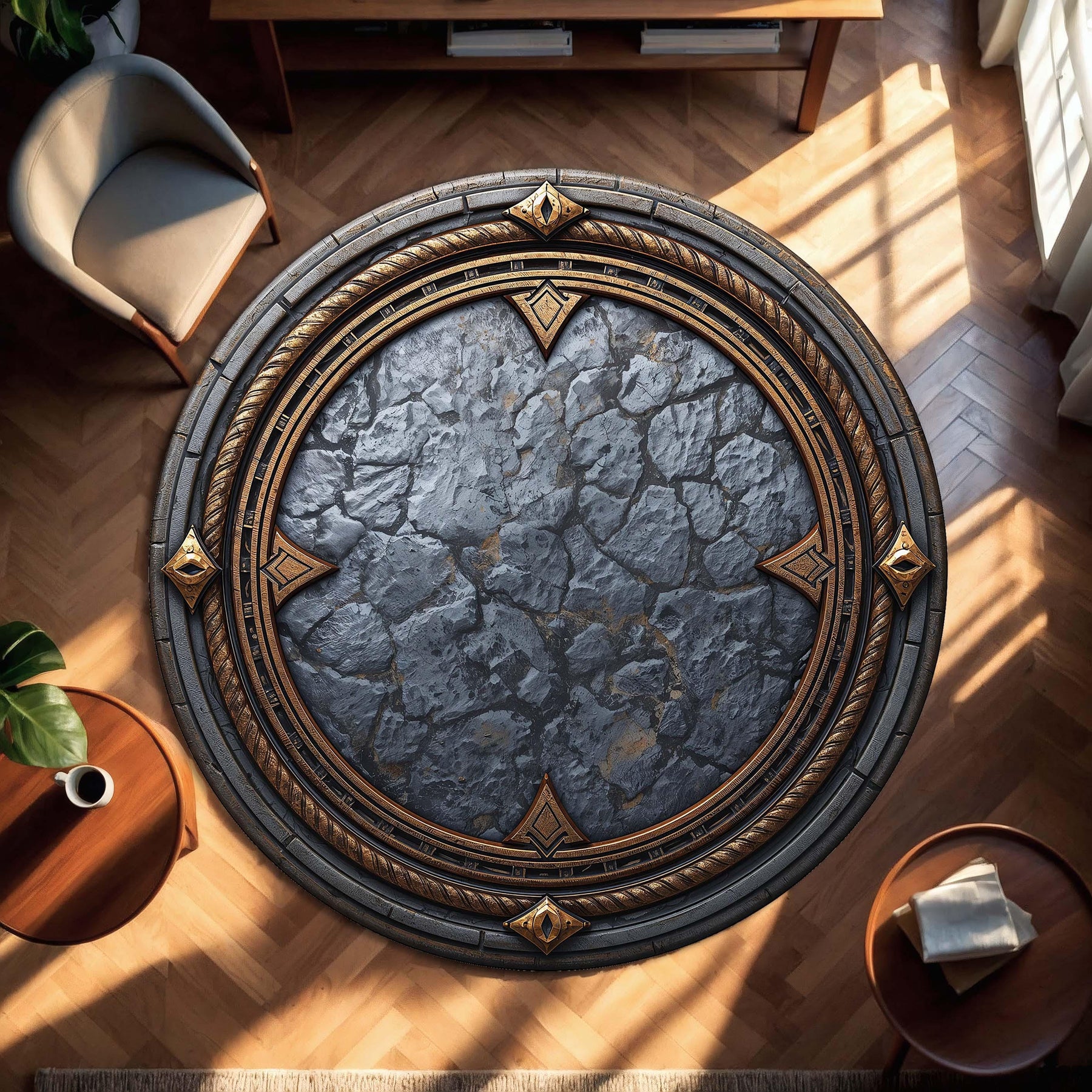 Round Stone Texture Rug with Antique Gold Accents, Medieval Fantasy Circle Carpet for Living Room, Bedroom, Gamer Decor, Rustic Chic