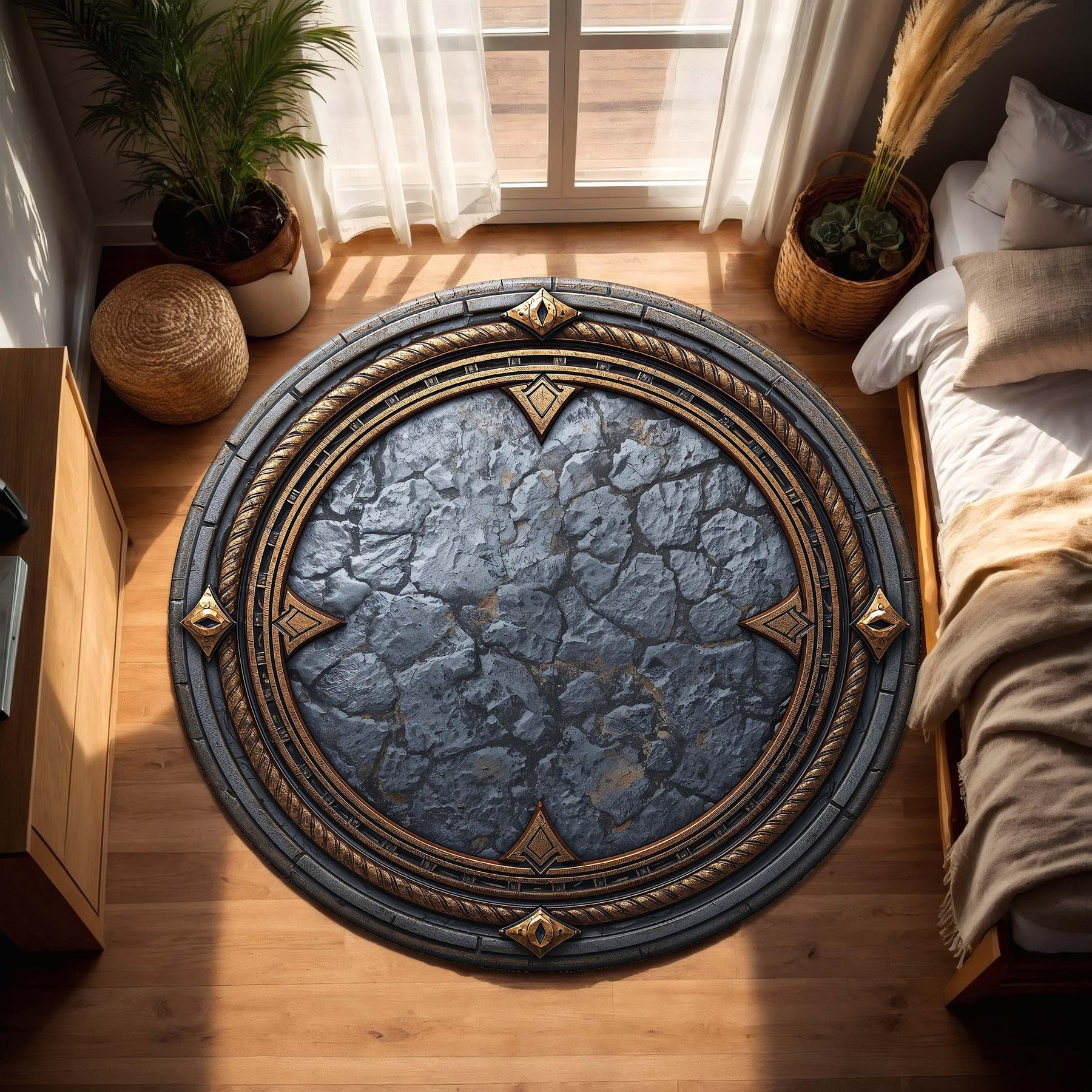 Round Stone Texture Rug with Antique Gold Accents, Medieval Fantasy Circle Carpet for Living Room, Bedroom, Gamer Decor, Rustic Chic
