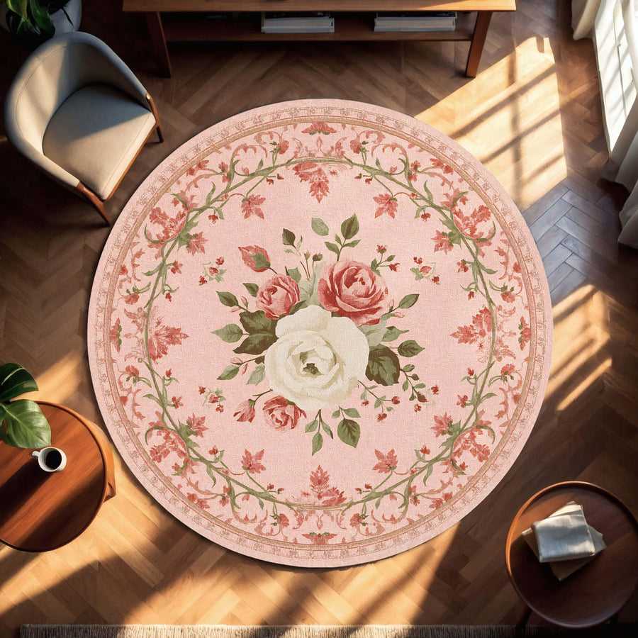 French Country Round Rug with Vintage Roses, Cottagecore Floral Area Carpet, Shabby Chic Pink Boho Mat for Living Room Bedroom Nursery Decor