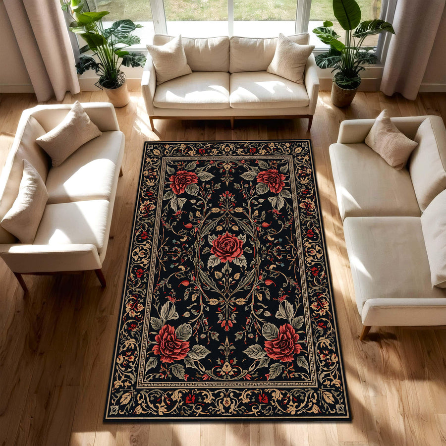 Gothic Vintage Black Rose Area Rug, Floral Oriental Carpet for Living Room Bedroom or Entryway, Soft Low Pile Non Slip Washable Home Decor