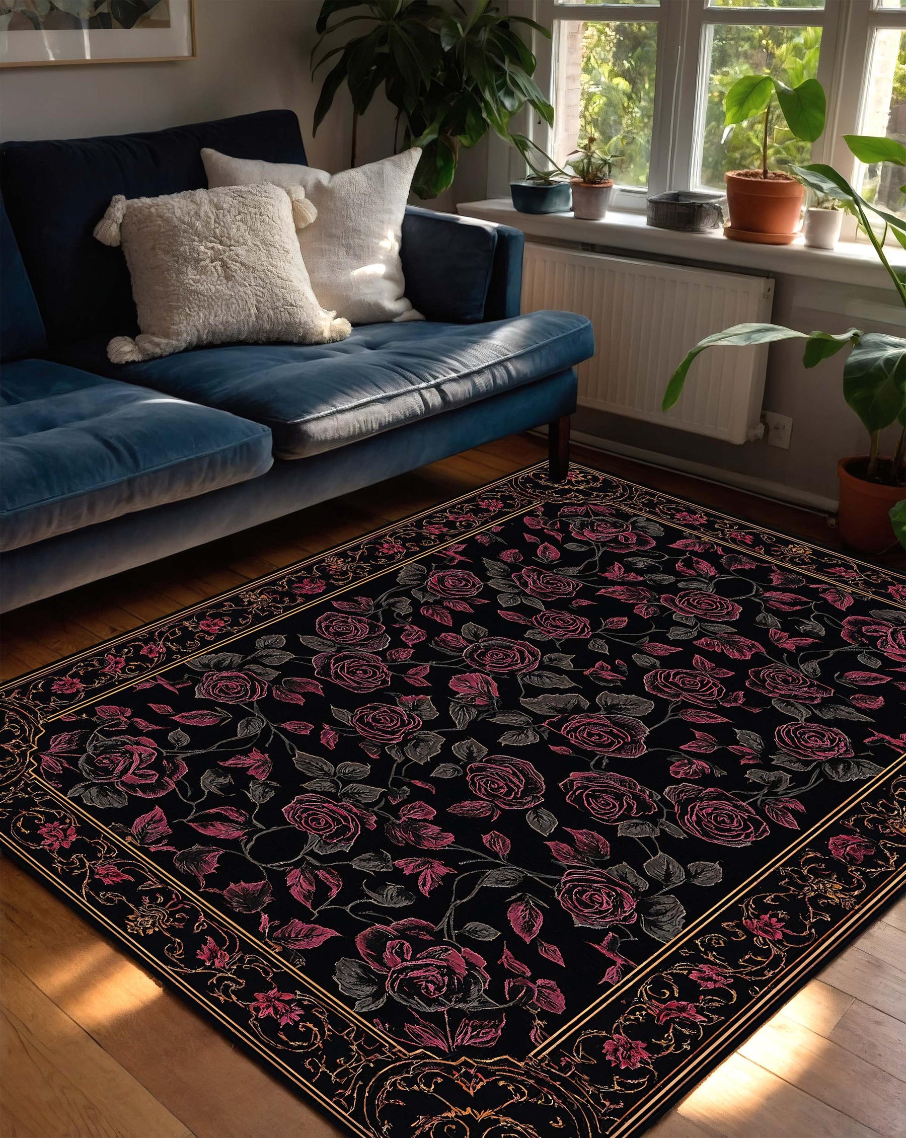 Gothic Black Rose Area Rug with Gold Baroque Border, Vintage Gothic Floral Carpet for Living Room Bedroom, Dark Romantic Aesthetic Decor