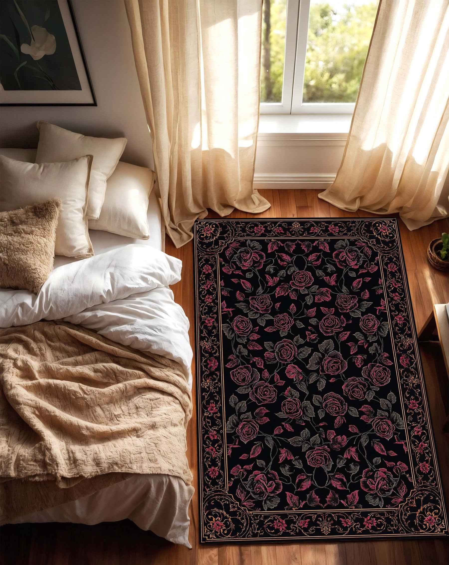 Gothic Black Rose Area Rug with Gold Baroque Border, Vintage Gothic Floral Carpet for Living Room Bedroom, Dark Romantic Aesthetic Decor