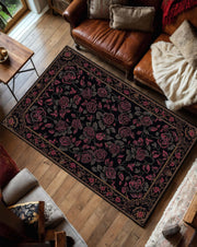 Gothic Black Rose Area Rug with Gold Baroque Border, Vintage Gothic Floral Carpet for Living Room Bedroom, Dark Romantic Aesthetic Decor