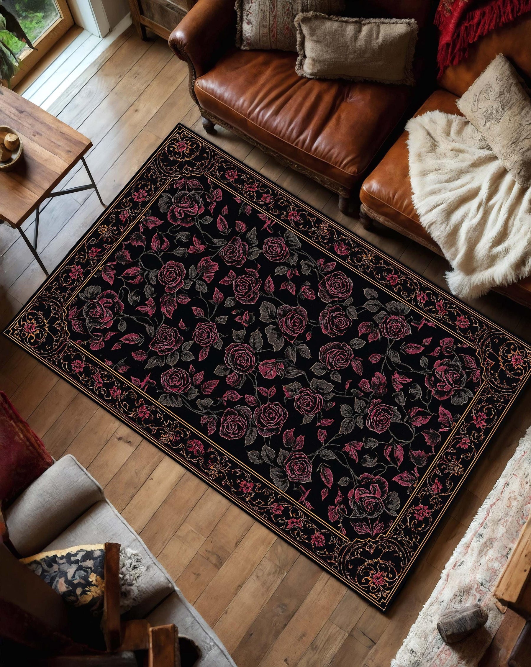 Gothic Black Rose Area Rug with Gold Baroque Border, Vintage Gothic Floral Carpet for Living Room Bedroom, Dark Romantic Aesthetic Decor