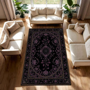 Black Gothic Floral Rug with Purple Roses, Vintage Medallion Area Carpet, Dark Boho Victorian Living Room Decor, Non Slip Washable Floor Mat