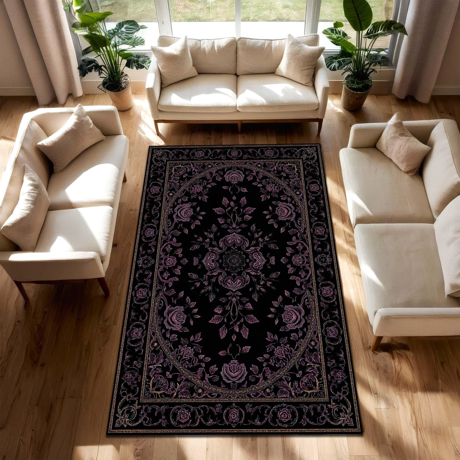 Black Gothic Floral Rug with Purple Roses, Vintage Medallion Area Carpet, Dark Boho Victorian Living Room Decor, Non Slip Washable Floor Mat