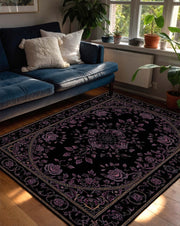 Black Gothic Floral Rug with Purple Roses, Vintage Medallion Area Carpet, Dark Boho Victorian Living Room Decor, Non Slip Washable Floor Mat