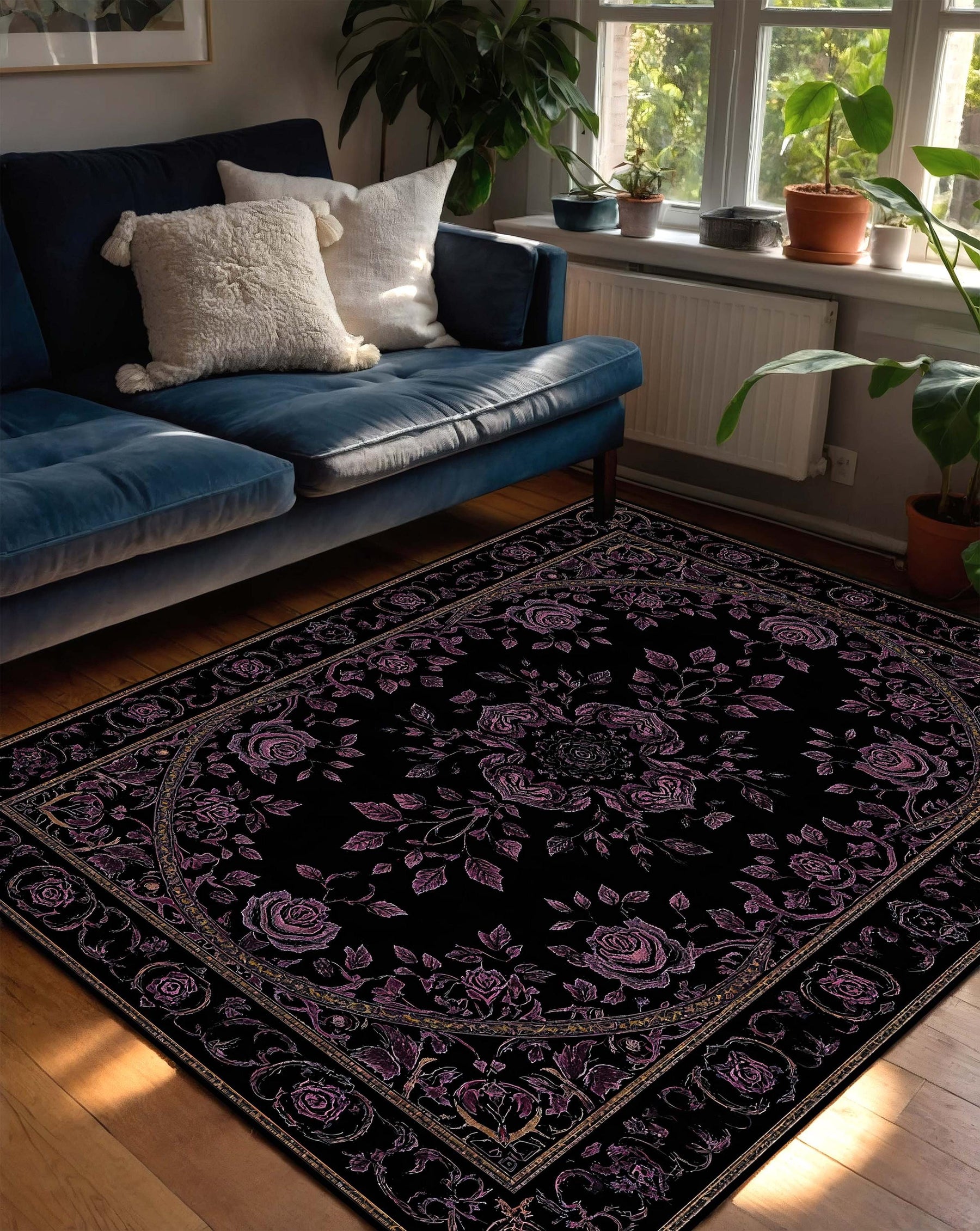Black Gothic Floral Rug with Purple Roses, Vintage Medallion Area Carpet, Dark Boho Victorian Living Room Decor, Non Slip Washable Floor Mat