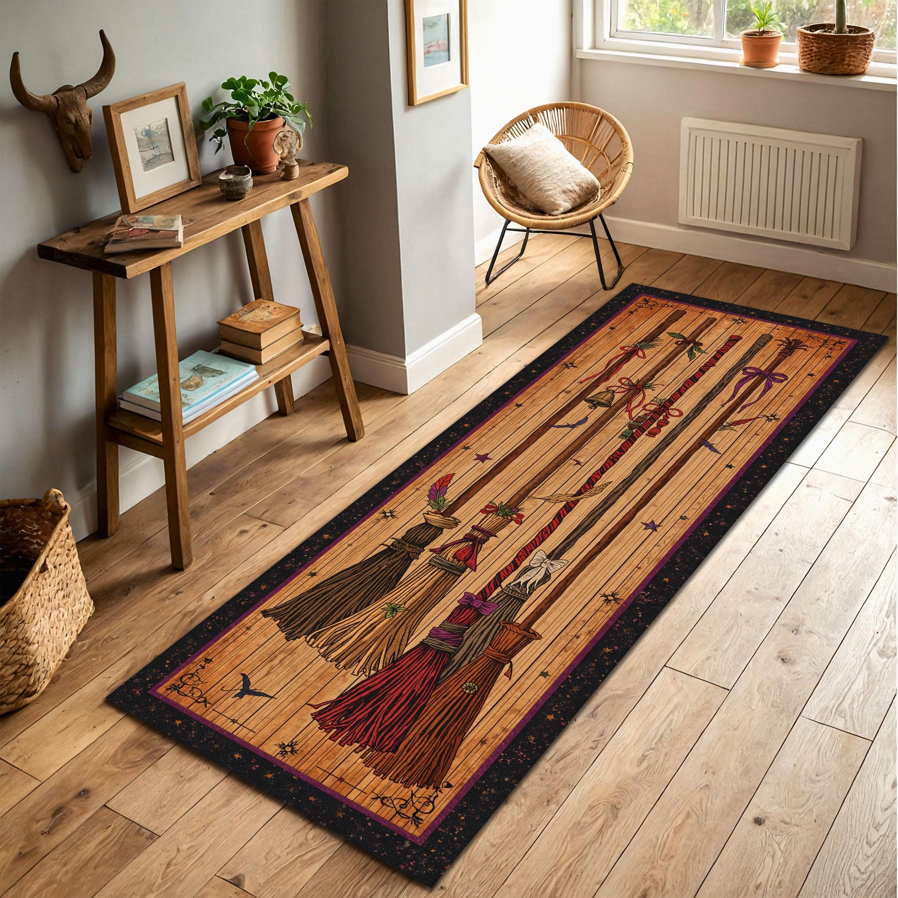 Witch Broom Runner Rug Halloween Hallway Carpet, Vintage Broomstick Print Floor Mat for Entryway, Cozy Fall Decor Gift Idea