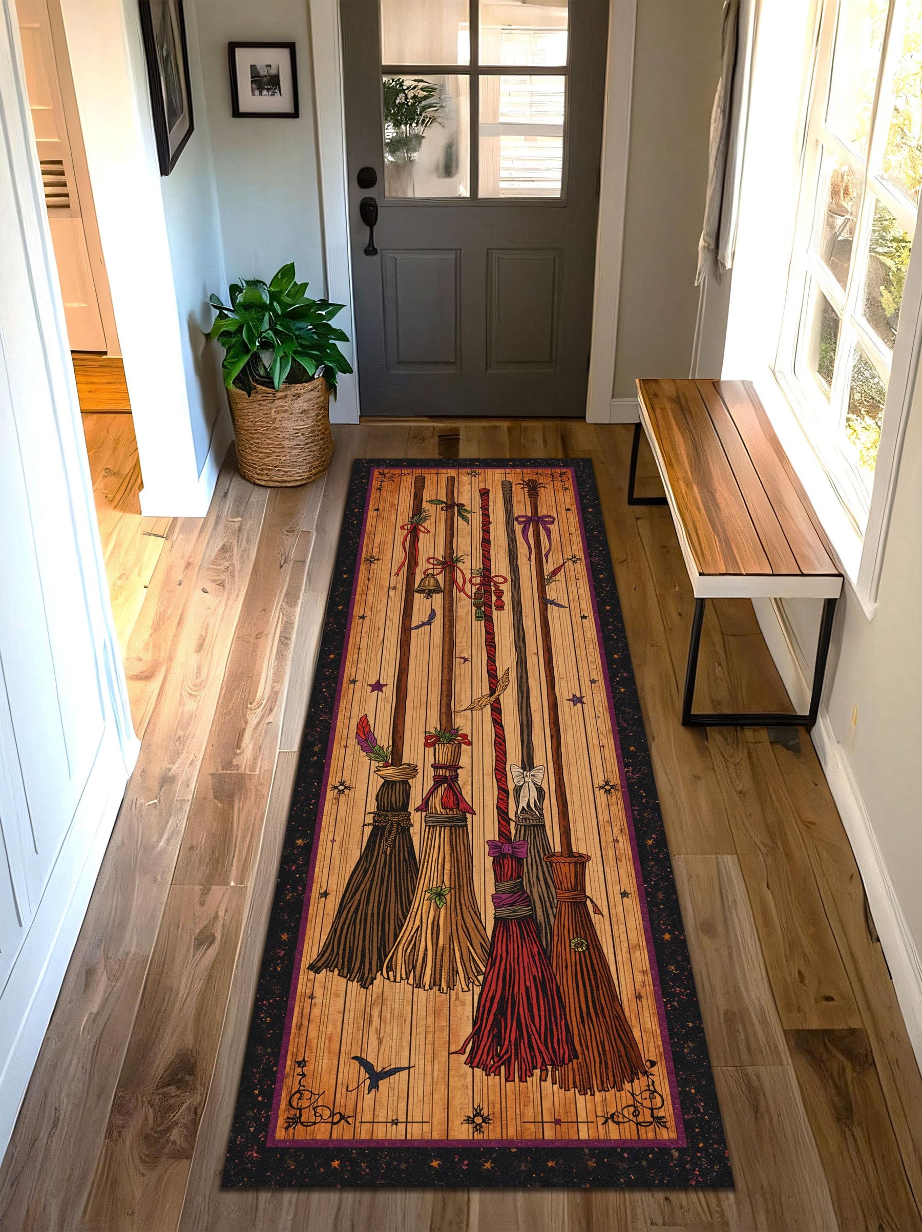 Witch Broom Runner Rug Halloween Hallway Carpet, Vintage Broomstick Print Floor Mat for Entryway, Cozy Fall Decor Gift Idea