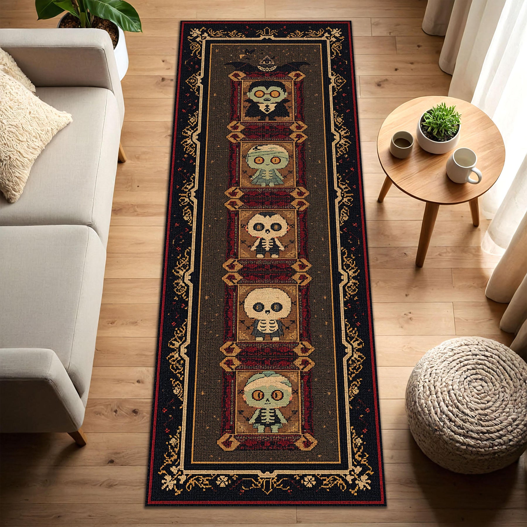 Halloween Runner Rug with Cute Skeletons and Zombie Motifs, Vintage Gothic Hallway Carpet Runner, Non Slip Washable Entryway Decor