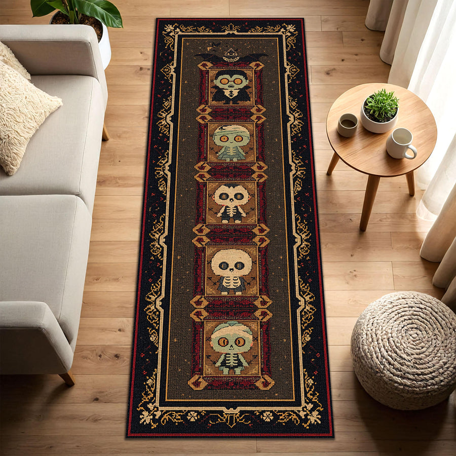 Halloween Runner Rug with Cute Skeletons and Zombie Motifs, Vintage Gothic Hallway Carpet Runner, Non Slip Washable Entryway Decor