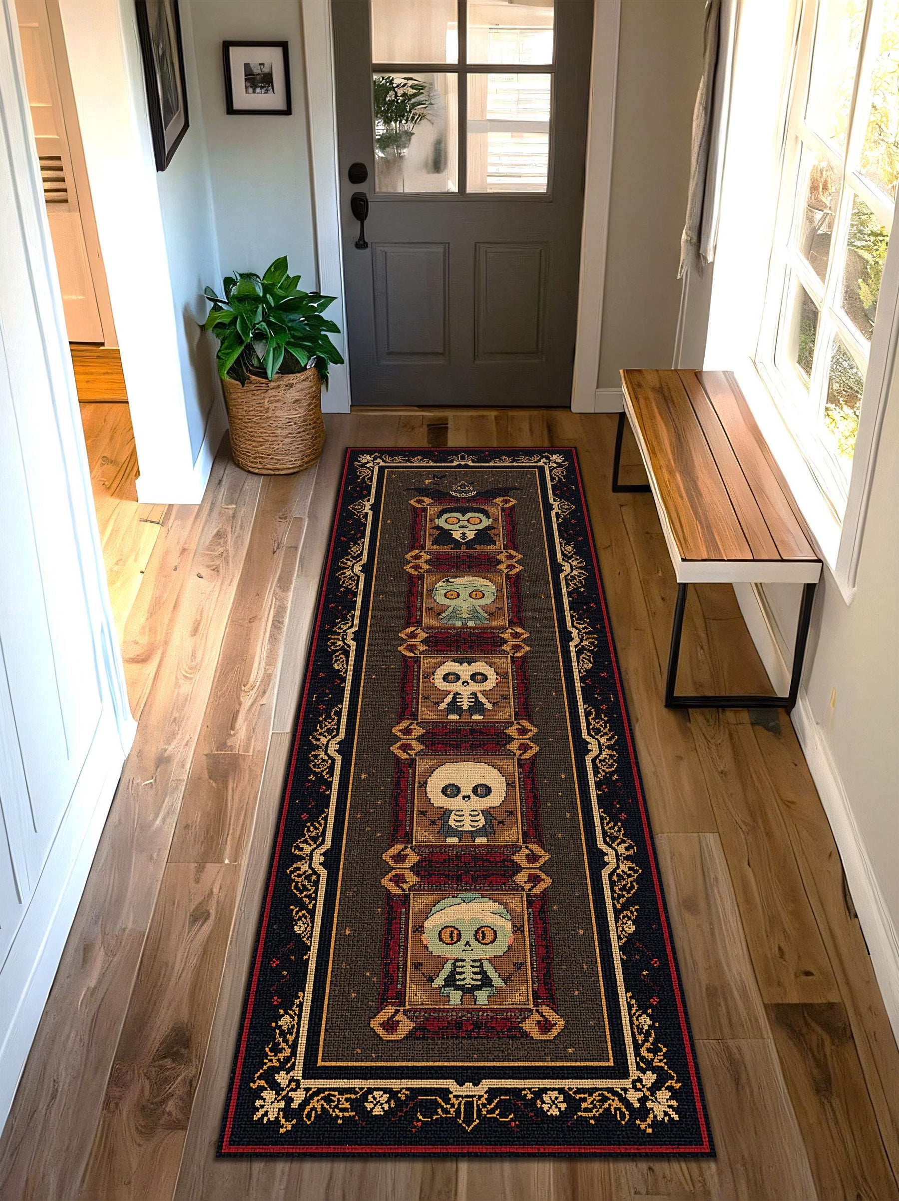 Halloween Runner Rug with Cute Skeletons and Zombie Motifs, Vintage Gothic Hallway Carpet Runner, Non Slip Washable Entryway Decor