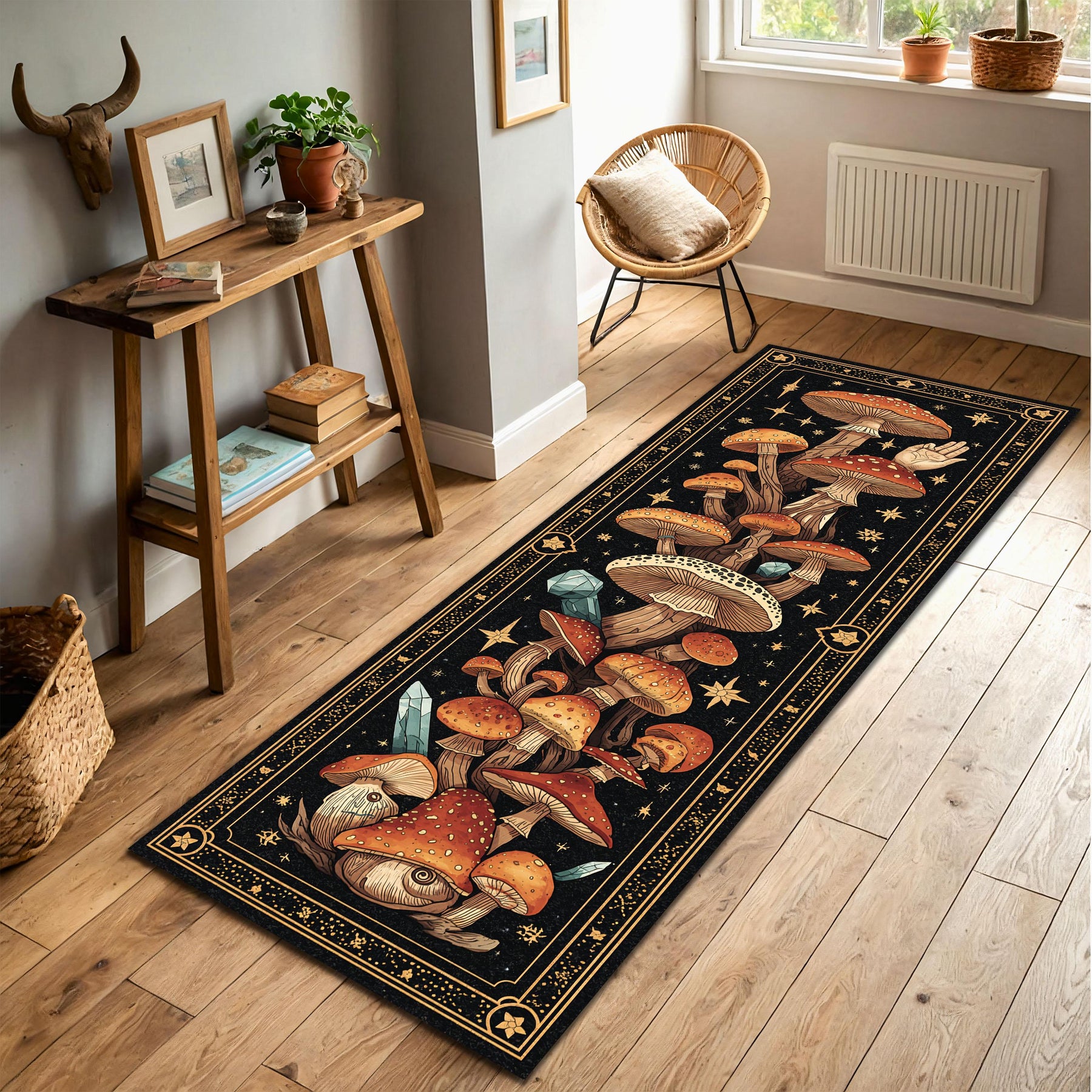 Boho Mushroom Runner Rug for Hallway – Celestial Crystal Forest Design, Witchy Cottagecore Decor, Non Slip Washable Entryway Carpet