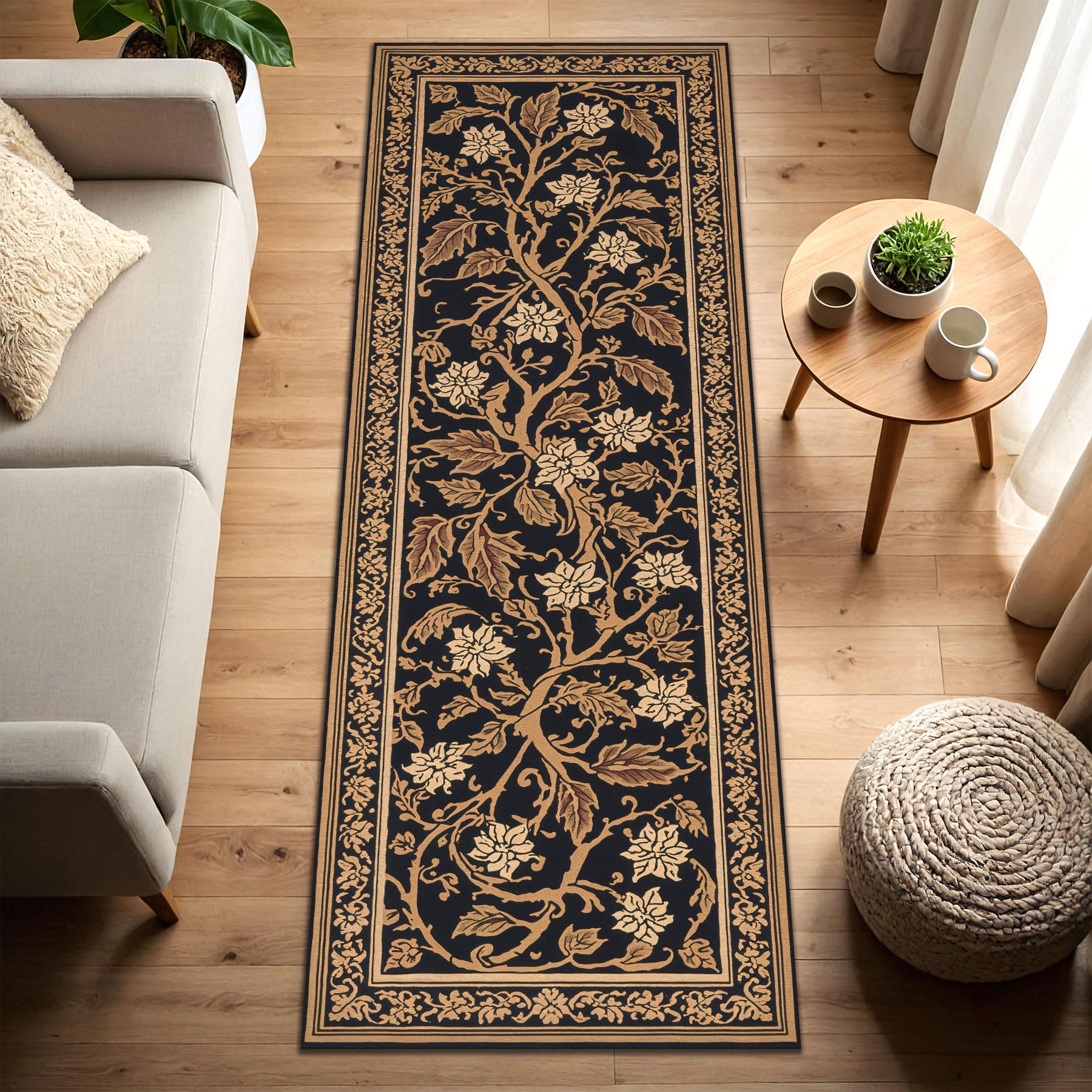 Black and Gold Floral Vine Runner Rug – Traditional Oriental Hallway Carpet for Entryway Kitchen & Living Room Décor, Vintage Style Runner