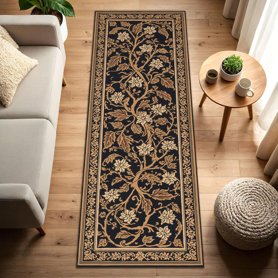 Black and Gold Floral Vine Runner Rug – Traditional Oriental Hallway Carpet for Entryway Kitchen & Living Room Décor, Vintage Style Runner