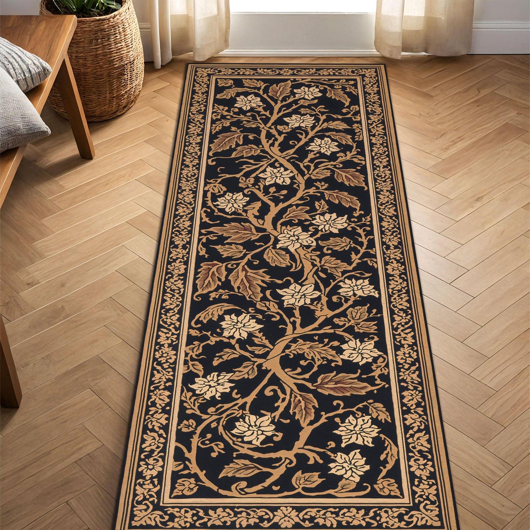 Black and Gold Floral Vine Runner Rug – Traditional Oriental Hallway Carpet for Entryway Kitchen & Living Room Décor, Vintage Style Runner