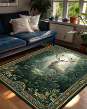 Woodland Stag Forest Rug – Vintage Botanical Deer Area Rug in Emerald Green & Gold, Nature Inspired Living Room Carpet, Cottagecore Decor