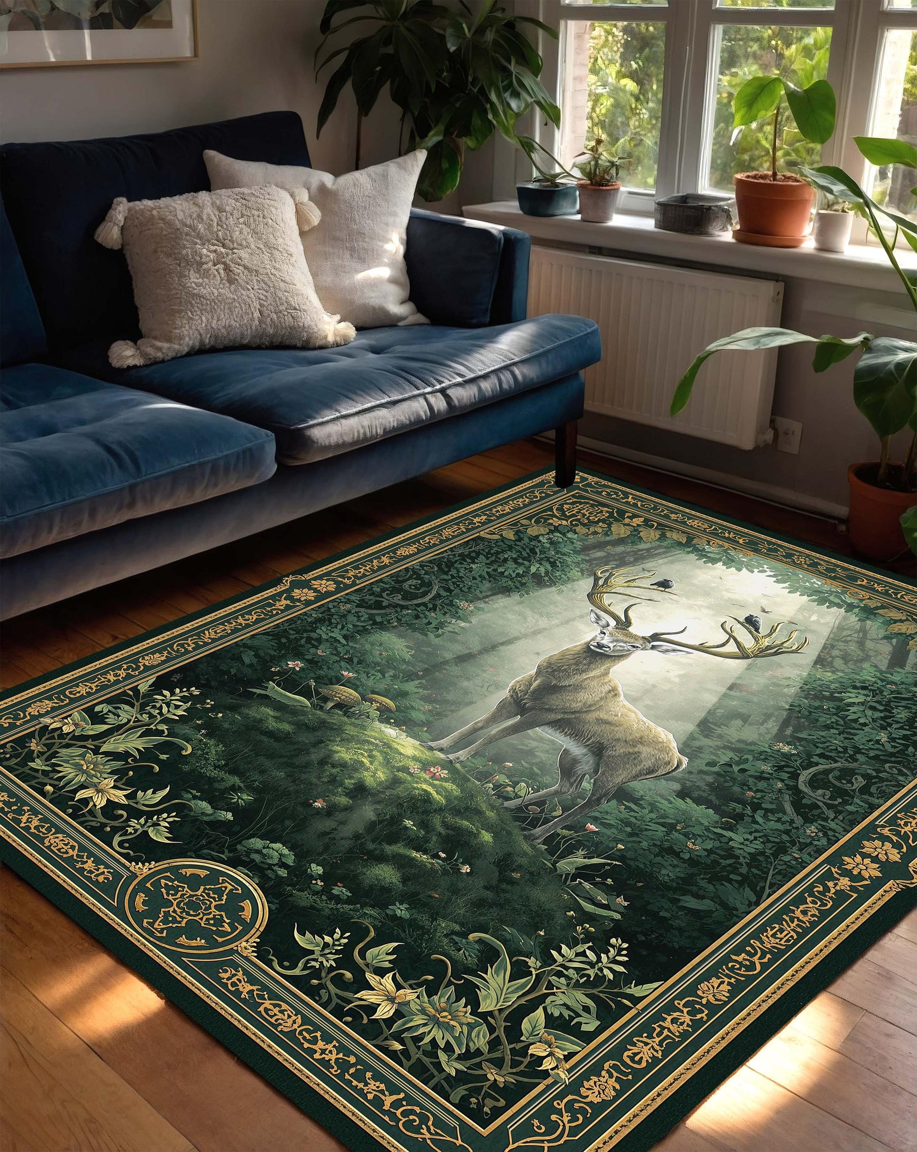 Woodland Stag Forest Rug – Vintage Botanical Deer Area Rug in Emerald Green & Gold, Nature Inspired Living Room Carpet, Cottagecore Decor