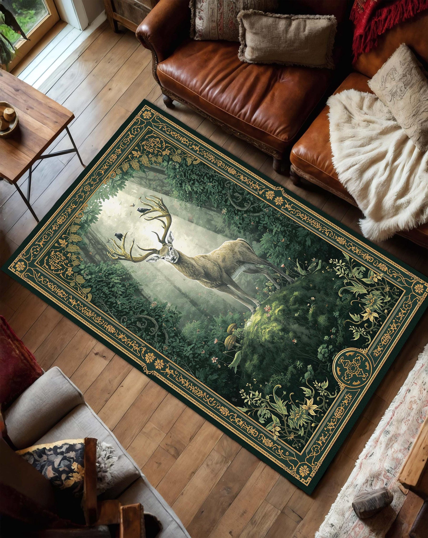 Woodland Stag Forest Rug – Vintage Botanical Deer Area Rug in Emerald Green & Gold, Nature Inspired Living Room Carpet, Cottagecore Decor