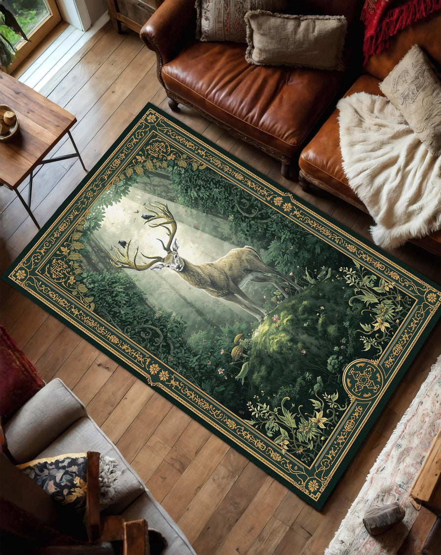 Woodland Stag Forest Rug – Vintage Botanical Deer Area Rug in Emerald Green & Gold, Nature Inspired Living Room Carpet, Cottagecore Decor
