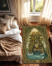 Fantasy Turtle Island Area Rug, Mystical Forest Waterfall Carpet, Green Gold Boho Living Room Decor, Nature Art Accent, Unique DnD Gift