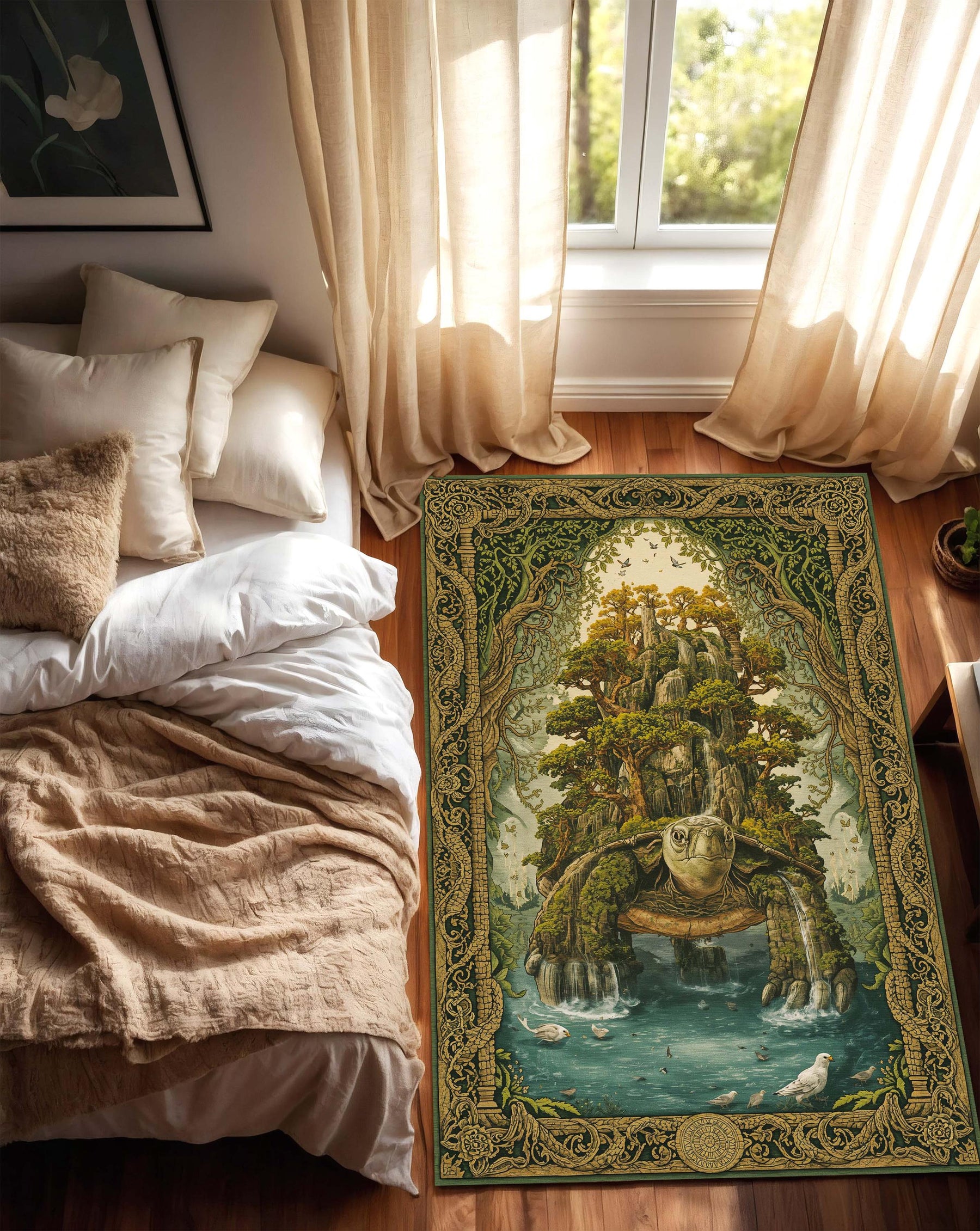 Fantasy Turtle Island Area Rug, Mystical Forest Waterfall Carpet, Green Gold Boho Living Room Decor, Nature Art Accent, Unique DnD Gift