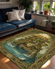 Fantasy Turtle Island Area Rug, Mystical Forest Waterfall Carpet, Green Gold Boho Living Room Decor, Nature Art Accent, Unique DnD Gift
